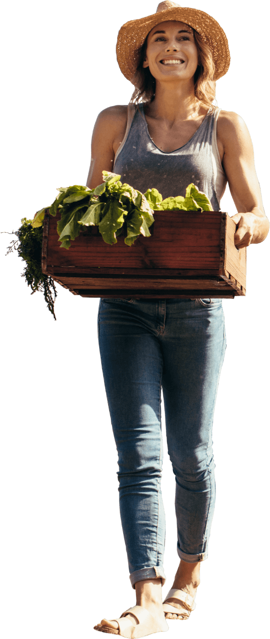 A woman in a wicker hat carrying a box of fresh plants