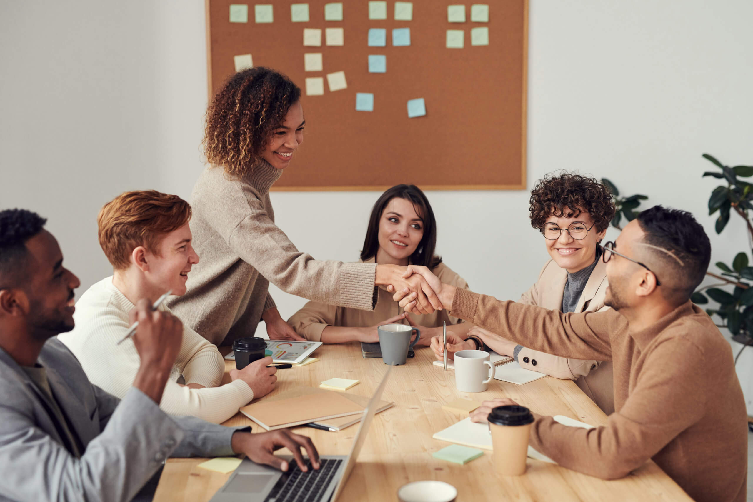 employees working in diverse workplace sharing smiles and shaking hand.