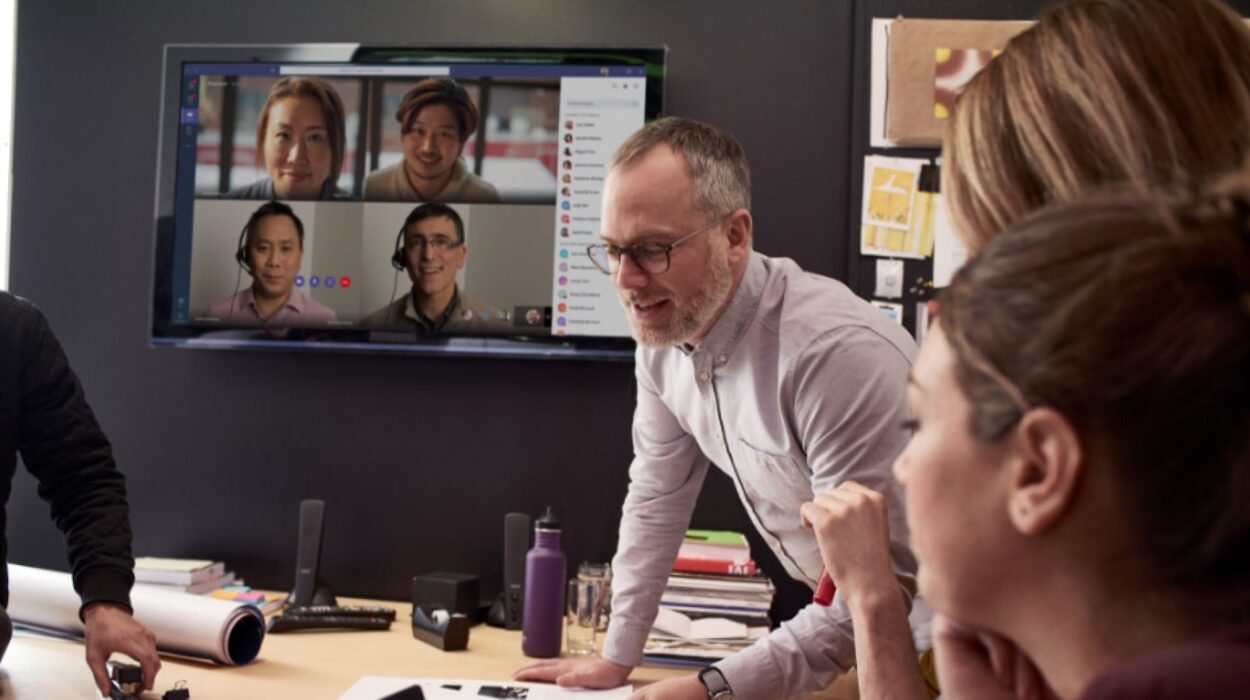 Group business people connected with employees on MS teams while working.