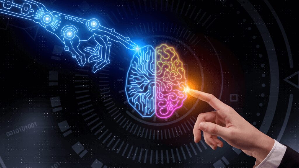human and robot fingers touching brain image with nodes