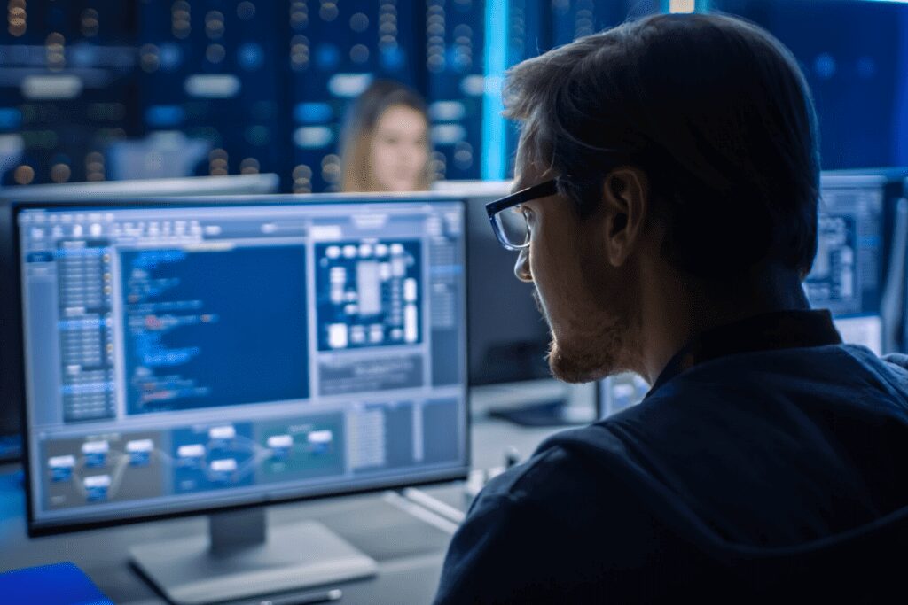 Cloud engineer male wearing glasses and working with desktop from office on cost optimisation for Video games