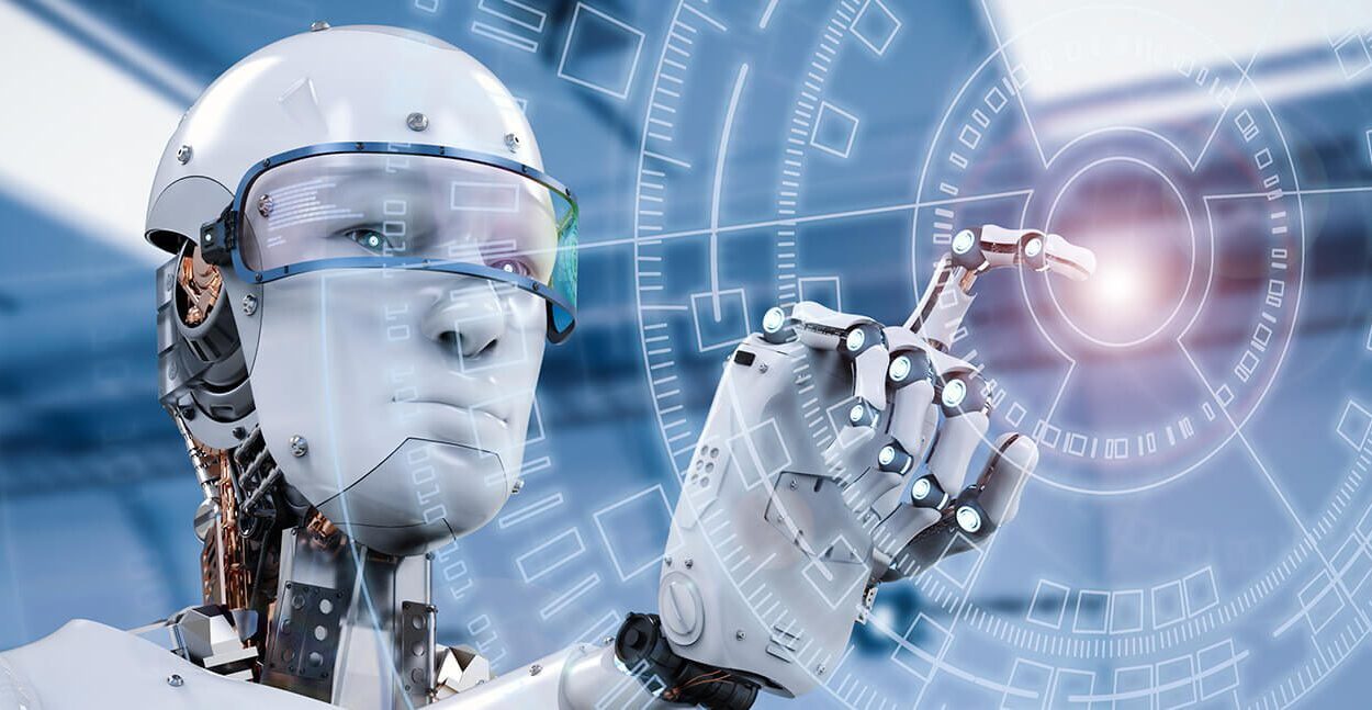 Robot touching AI monitor.