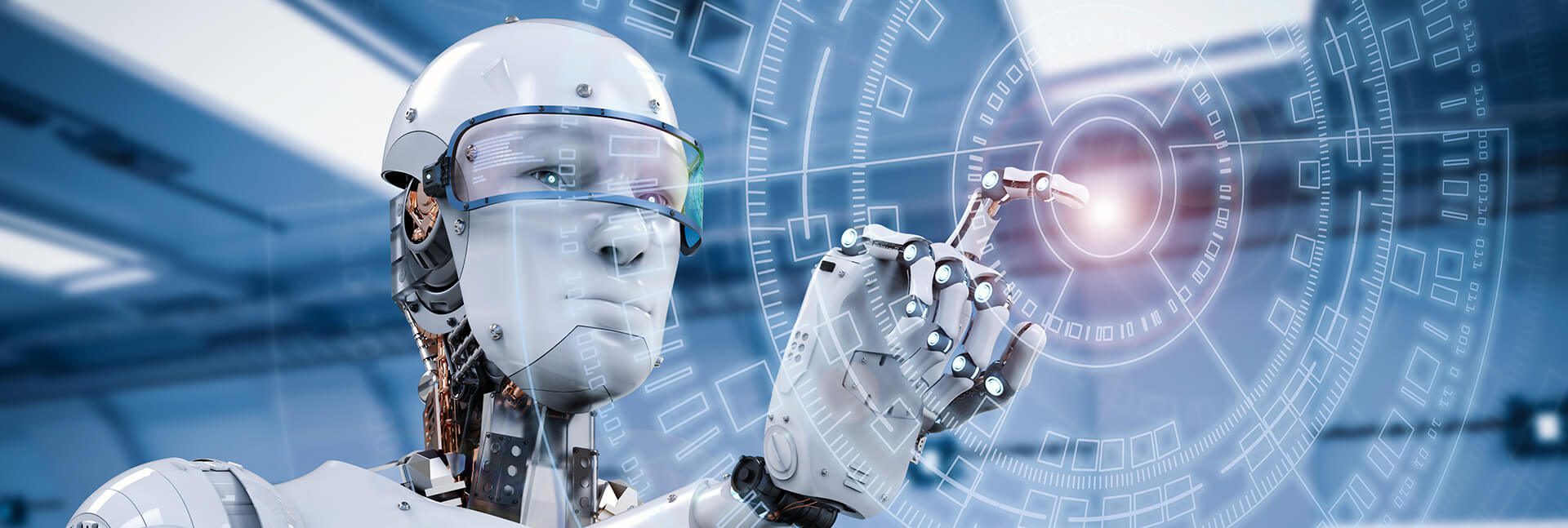 Robot touching AI monitor.