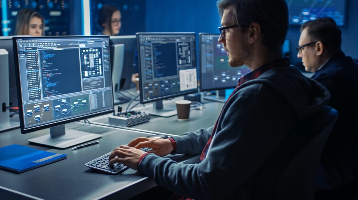 Smart Male IT Programer Working on Desktop Green Mock-up Screen Computer in Data Center System Control Room. Team of Young Professionals Programming Sophisticated Code