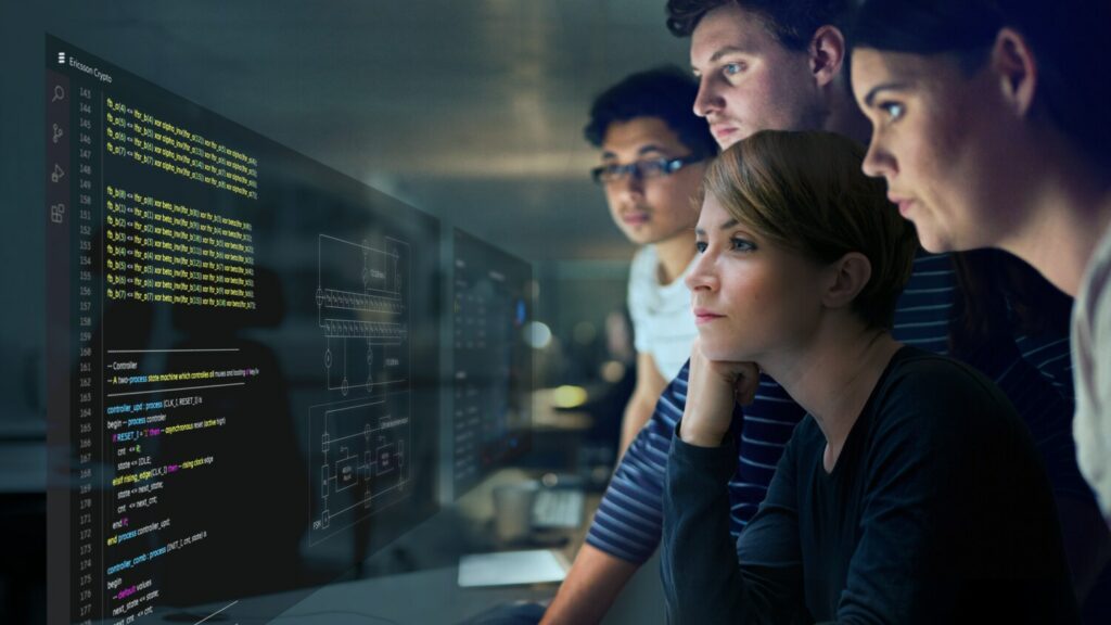 Group of IT engineers analysing AI programming