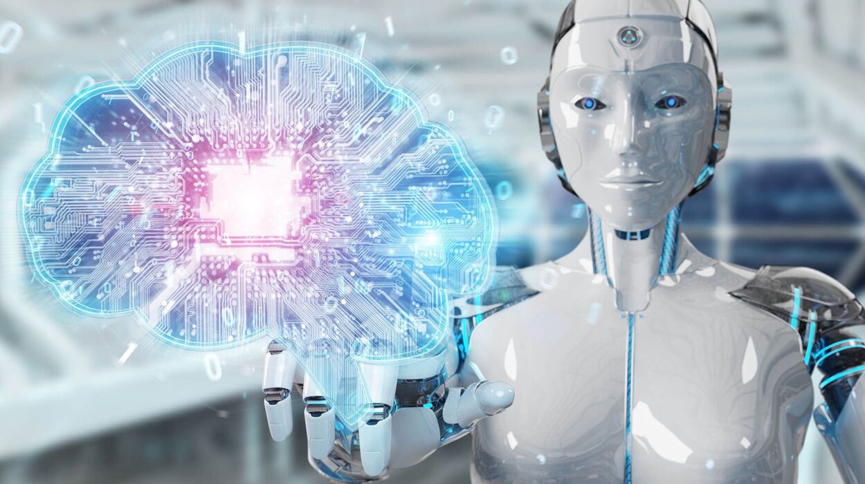 Robot on blurred background creating artificial intelligence in a digital brain 3D rendering.