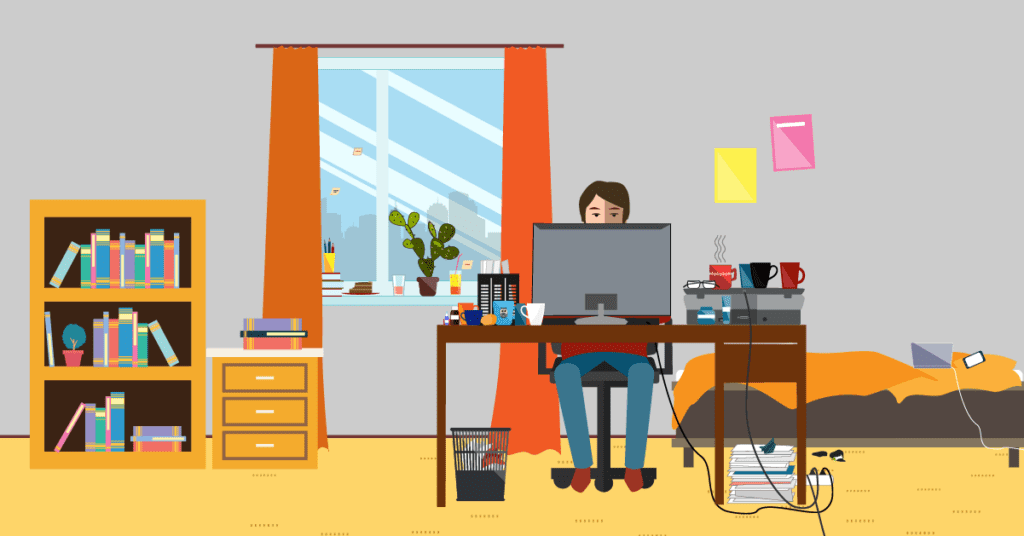 Cartoon of employee working from home with desktop 