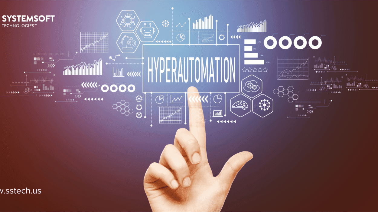 Hyperautomation theme with hand pressing a button on a technology screen